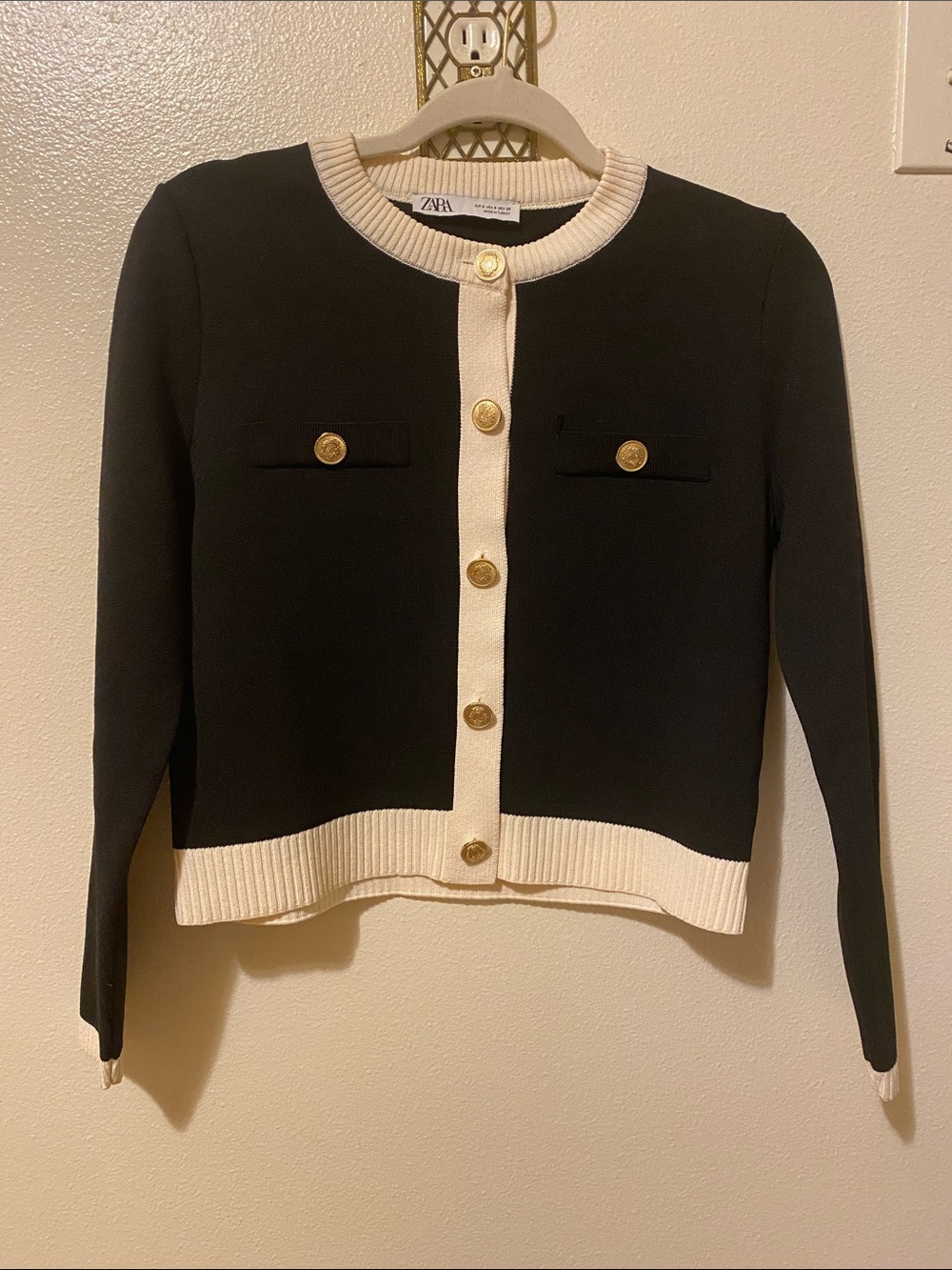 ZARA Black Cardigan with Cream Trim and Gold Buttons. Cropped